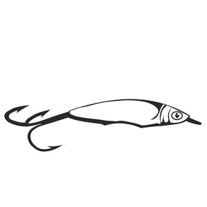 May include: A black and white illustration of a fishing lure with two hooks.
