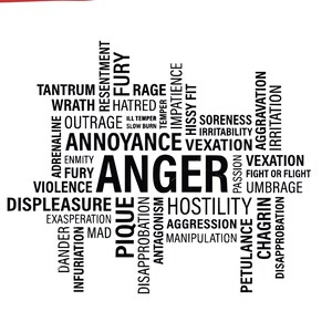 May include: Black and white word cloud with the word "ANGER" in the center. The word cloud includes words related to anger, such as rage, fury, resentment, and irritation.