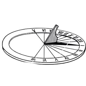 Peut inclure: Un dessin au trait noir et blanc d'un cadran solaire avec des chiffres romains. Le cadran solaire est de forme circulaire avec un gnomon pointant vers le chiffre XII.
