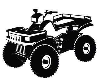 May include: Black and white silhouette of an ATV, or all-terrain vehicle, with a cargo bed in the back. The ATV has four large wheels and a handlebar.