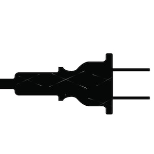 May include: A black electrical plug with two prongs. The plug is a common type used in many countries.