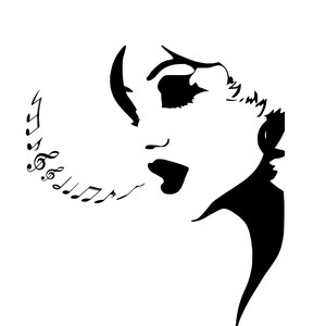 May include: Black and white silhouette of a woman singing with musical notes coming out of her mouth.