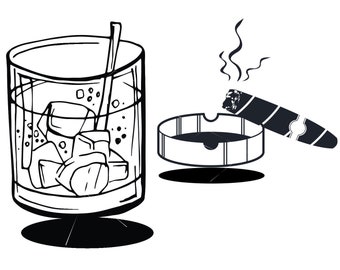 Cigare cendrier whisky verre cocktail boisson bar alcoolique messieurs club fumer image clipart téléchargement numérique eps dxf png jpeg svg