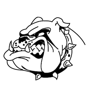 Puede incluir: Ilustración en blanco y negro de un bulldog con un collar de pinchos. El bulldog tiene una expresión feroz y mira hacia la izquierda.