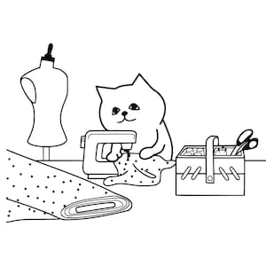 sewing Machine Cat Kitty Cartoon Domestic Cat sitting Sew Apparel  Designer  * Cut Sign Image ClipArt digital download eps/dxf/png/jpeg/svg