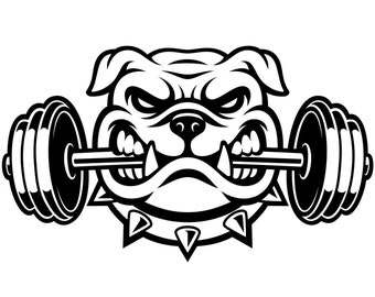 mean Bulldog Mouth Holding Dumbbell Guard Dog Fitness Spike Collar Bull Dog * Cut Sign Image ClipArt digital download eps/dxf/png/jpeg/svg