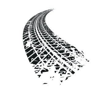 May include: Black and white illustration of a tire track on a white background. The track is curved and has a worn, distressed look.