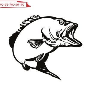 May include: Black and white line art illustration of a fish with its mouth open, jumping out of the water.