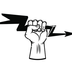 May include: Black and white illustration of a fist holding a lightning bolt.