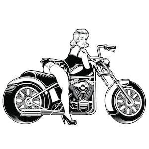 Tatouage femme pin-up sexy assise double moteur moto chopper vélo Harley * oeuvre d&#39;art coupée Image clipart fichier numérique eps png jpe SVG