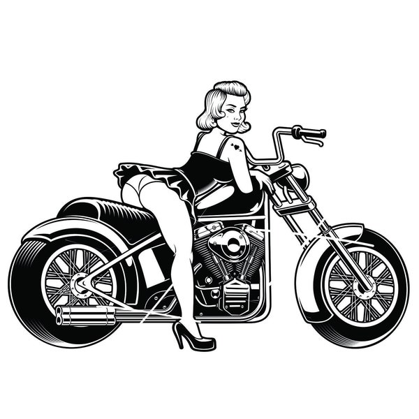 Tattoo Sexy Female Pinup Girl sitting Twin Engine Motorcycle Chopper Bike Harley * cut artwork Image ClipArt digital File eps png jpe SVG