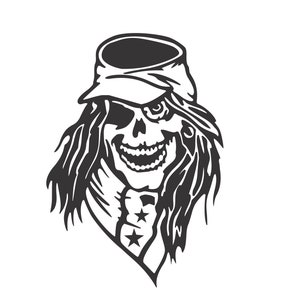 May include: Black and white illustration of a skull wearing a hat with two stars on the front. The skull has a long, flowing mane of hair and a mischievous grin.