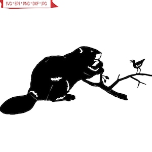 May include: Black silhouette of a beaver sitting on a branch with a bird perched on the branch.