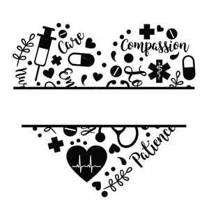 May include: Black and white graphic design of a heart with medical symbols and the words "Care", "Compassion", and "Patience".