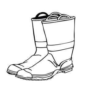 Pode incluir: Um par de botas de trabalho de couro preto com uma sola de borracha grossa. As botas têm uma aba de puxar e um fecho de renda.