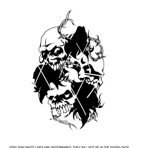 Może przedstawiać: Czarno-biały projekt graficzny przedstawiający trzy czaszki splecione kolczastym drutem.