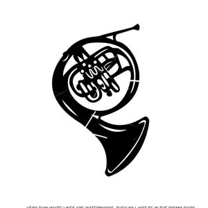 Pode incluir: Uma ilustração em preto e branco de um trompa. A trompa é representada de forma estilizada, quase abstrata, com a campana voltada para o espectador e a tubagem curvando-se para trás.