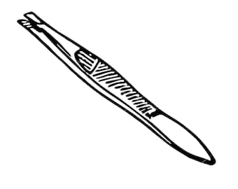 May include: A black and white line drawing of a pair of tweezers.