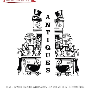Puede incluir: Ilustración en blanco y negro de una tienda con la palabra "ANTIQUES" escrita verticalmente. La tienda está llena de varios artículos antiguos, incluyendo un reloj, una máquina de coser, un cochecito y una lámpara.