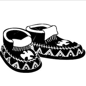 May include: A pair of black moccasins with intricate geometric patterns and fringe details.