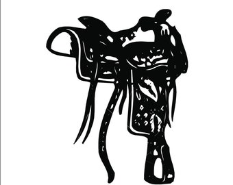 May include: A black and white silhouette of a western saddle with intricate details.