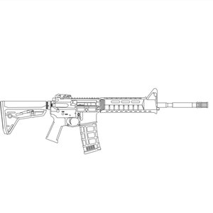 May include: A black and white line drawing of a rifle with a scope and a magazine.
