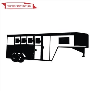May include: Black and white silhouette of a horse trailer with a single door and multiple windows.