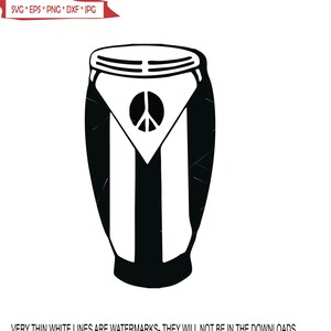 May include: Black and white illustration of a conga drum with a peace sign on the front. The drum is decorated with vertical stripes.