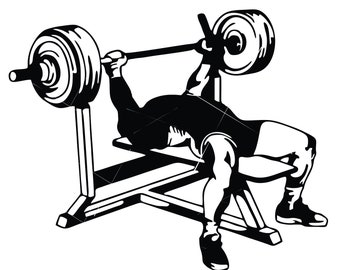 May include: Black and white illustration of a person lifting weights on a bench press. The person is lying on their back with their arms extended, lifting a barbell with weights on each end.
