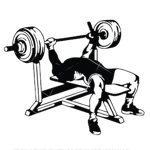 Peut inclure: Illustration en noir et blanc d'une personne soulevant des poids sur un banc de musculation. La personne est allongée sur le dos, les bras tendus, soulevant une barre avec des poids à chaque extrémité.