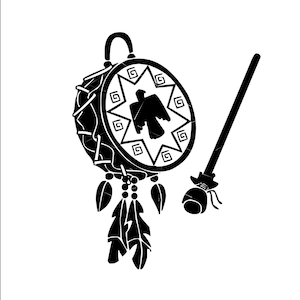 May include: A black and white illustration of a Native American dreamcatcher, drum, feathers, and drumstick. The drum has a bird design and geometric patterns. The text at the bottom says "VERY THIN WHITE LINES ARE WATERMARKS- THEY WILL NOT BE IN THE DOWNLOADS."