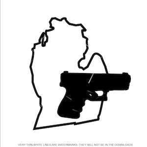 May include: Black and white silhouette of a handgun superimposed over the outline of the state of Michigan.