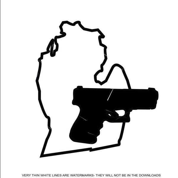 Pistola Michigan Estado Mapa Silueta Pistola 2ª Enmienda Derechos Protegidos Defender Arma Arma de Fuego Ley ClipArt descarga digital eps png jpeg svg