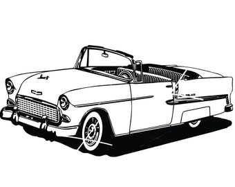 Puede incluir: Dibujo en blanco y negro de una línea de un coche convertible clásico. El coche tiene un diseño largo y elegante con un capó redondeado y un parachoques cromado. El coche es un diseño americano clásico.
