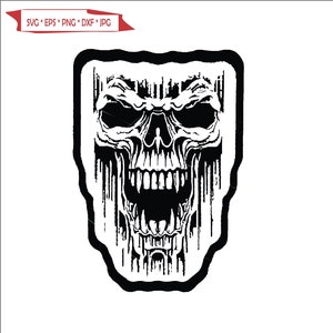 May include: Black and white illustration of a skull with a large open mouth and sharp teeth. The skull is detailed with lines and shading.