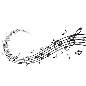 May include: Black and white musical notes on a treble clef staff, flowing in a wave-like pattern. The notes are scattered and some are floating above the staff.