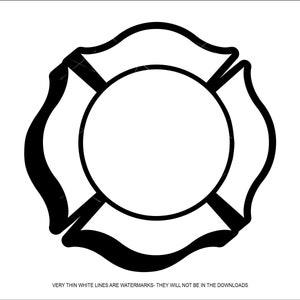 Pode incluir: Esboço preto e branco de um distintivo de bombeiro, também conhecido como cruz de Malta.