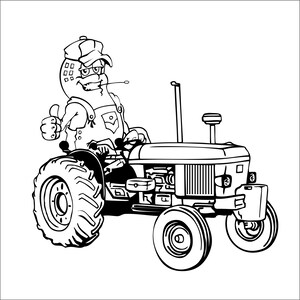 Può includere: Un'illustrazione di cartone animato in bianco e nero di un contadino che guida un trattore. Il contadino indossa un cappello e una tuta. Il trattore ha un grande pneumatico anteriore e un pneumatico posteriore più piccolo.