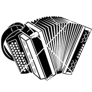 Könnte beinhalten: Eine Schwarzweißillustration eines Akkordeons. Das Akkordeon ist ein Musikinstrument mit einem Blasebalg und Tasten.