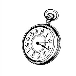 May include: A black and white illustration of a pocket watch with roman numerals. The watch face is surrounded by a circular rim with a decorative design. The watch has a chain attached to the top.