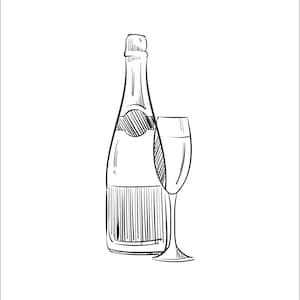 May include: A hand-drawn illustration of a champagne bottle and a glass. The bottle is tall and slender with a cork at the top. The glass is a traditional champagne flute.