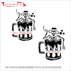 Puede incluir: Dos ilustraciones en blanco y negro de un esqueleto con sombrero sosteniendo una jarra de cerveza y fumando un cigarrillo. El texto "Text / Name Here" está escrito en cada jarra.
