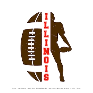 Op de afbeelding: Een bruin silhouet van een American footballspeler die een voetbal vasthoudt met het woord "ILLINOIS" in rode letters erachter.