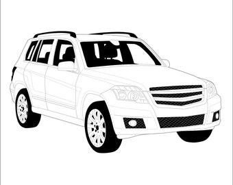 May include: A black and white line drawing of a SUV. The car has a roof rack and a front grille with horizontal bars.