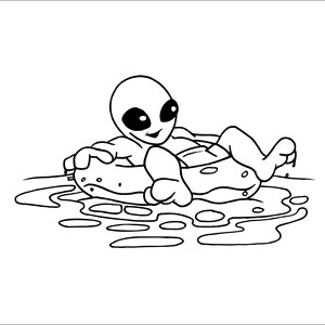 May include: A black and white line drawing of an alien wearing a swimsuit and floating on an inflatable ring in a pool of water.