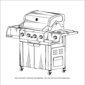 May include: A black and white line drawing of a four-burner gas grill with a side table and wheels.