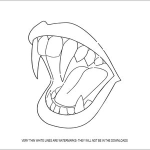 May include: A black and white line drawing of a mouth with fangs, open wide in a scream.