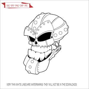 Puede incluir: Una ilustración en blanco y negro de un cráneo con un casco con engranajes y otros detalles mecánicos. El cráneo tiene una expresión amenazante.