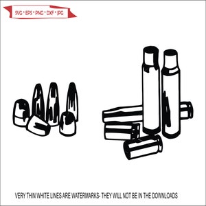 May include: Black and white line art illustration of bullet casings. The illustration shows a group of bullet casings laying on the ground and two bullet casings standing upright.