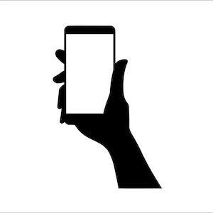 Könnte beinhalten: Eine schwarze Silhouette einer Hand, die ein Smartphone mit leerem Bildschirm hält.